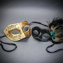 Ivory Gold Venetian Musical Half Mask & Black Peacock Feather Masquerade Couple Mask Set