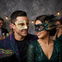 Ivory Gold Venetian Musical Half Mask & Black Peacock Feather Masquerade Couple Mask Set