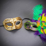 Ivory Gold Venetian Musical Half Mask & Mardi Gras Feather Masquerade Couple Mask Set