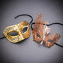 Ivory Gold Venetian Musical Half Mask & Rose Gold Filigree Butterfly Couple Masquerade Masks