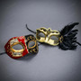 Red Black Venetian Musical Half Face Mask & Gold Black Feather Eye Mask Couple Masquerade Set