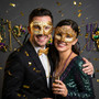 Ivory Gold Musical Venetian Half Mask & Gold Crystal Lace Eye Mask Couple Masquerade Set