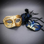 Ivory Gold Musical Venetian Mask & Blue Black Feather Eye Mask Couple Masquerade Set