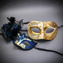 Ivory Gold Musical Venetian Mask & Blue Black Feather Eye Mask Couple Masquerade Set
