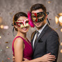 Red Black Venetian Musical Half Face Mask & Gold Pink Feather Eye Mask Couple Masquerade Set