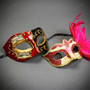 Red Black Venetian Musical Half Face Mask & Gold Pink Feather Eye Mask Couple Masquerade Set