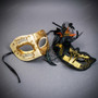 Ivory Gold Musical Venetian Mask & Gold Black Feather Eye Mask Couple Masquerade Set