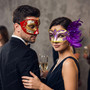 Red Black Venetian Musical Half Face Mask & Gold Purple Feather Eye Mask Couple Masquerade Set