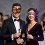 Red Black Venetian Musical Half Face Mask & Gold Purple Feather Eye Mask Couple Masquerade Set