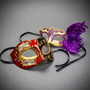 Red Black Venetian Musical Half Face Mask & Gold Purple Feather Eye Mask Couple Masquerade Set