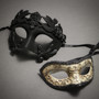Black Roman Warrior Metallic Mask & Silver Medieval Venetian Masquerade Mask 'Phantom of Opera' Design - Couple