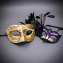 Ivory Gold Musical Venetian Mask & Purple Black Feather Eye Mask Couple Masquerade Set