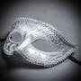 Silver Glitter Venetian Eye Mask & Purple Floral Tulle Feather Lace Mask Couple Masquerade Set
