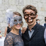 Silver Lace Flower & Copper Skull Couples Masquerade Mask