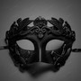 Black Roman Greek Warrior Mask & White Floral Tulle Feather Masquerade Couple Mask Set