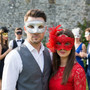 Venetian Scrolled and Lace Couples Masquerade Mask - Silver Red