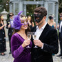 Black Roman Greek Warrior Mask & Purple Floral Tulle Feather Masquerade Couple Mask Set
