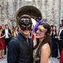 Black Roman Greek Warrior Mask & Purple Floral Tulle Feather Masquerade Couple Mask Set