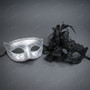 Silver Glitter Venetian Eye Mask & Black Floral Tulle Feather Lace Mask Couple Masquerade Set