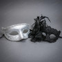 Silver Glitter Venetian Eye Mask & Black Floral Tulle Feather Lace Mask Couple Masquerade Set