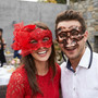 Bronze Skull and Red Lace Couples Masquerade Masks
