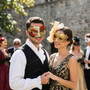 Venetian Harlequin Glitter Masquerade Mask - Red Gold Black