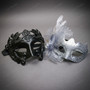 Roman Greek Emperor and Glitter Mesh Side Flower Couples Masquerade Mask - Black Silver