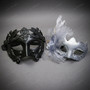 Roman Greek Emperor and Glitter Mesh Side Flower Couples Masquerade Mask - Black Silver