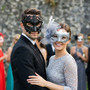 Roman Glitter Flower Couples Masquerade Mask - Black Silver