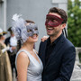 Red Glitter Venetian Eye Mask & Silver Floral Tulle Feather Lace Mask Couple Masquerade Set
