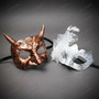 Bronze Horned Devil and White Feather Lace Couples Masquerade Mask - Bronze White
