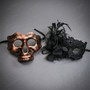 Vintage Copper Skull and Elegant Black Lace Flower Feather Couple Masquerade Mask - Copper Black