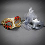 Harlequin Jester Music Note and Silver Feather Flower Women Masquerade Mask - Red Black Silver