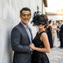 Venetian Glitter Filigree and Lace Flower Feather Couples Masquerade Mask - Gold Black