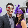 Venetian Elegant Feather Women and Phantom Harlequin Men Masquerade Mask - Purple Gold Red