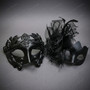 Roman Greek Emperor and Side Feather Veil Women Couples Masquerade Mask - Black