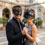 Roman Greek Emperor and Side Feather Veil Women Couples Masquerade Mask - Black