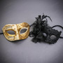 Elegant Vintage Musical Note and Black Lace Feather Masquerade Mask - Gold Black