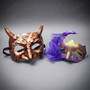 Roman Horned Devil And Purple Floral Glitter Couples Masquerade Mask - Bronze Purple