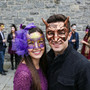 Roman Horned Devil And Purple Floral Glitter Couples Masquerade Mask - Bronze Purple