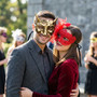 Mythical Horned and Intricate Red Lace Feather Couple Masquerade Masks - Gold Red