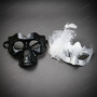 Gothic Skull And Elegant Feathered Glitter Lace Couple Masquerade Eyes Masks - Black White
