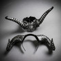 Gothic Demon Ram Horns Floral Embellished Costume Accessory Cosplay Mask - Silver Black