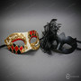Venetian Harlequin Music Gold and Black Feather Flower Couple Masquerade Masks - Red Gold Black