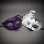 Venetian Glitter Scrollwork and Side Feather Women Masquerade Eye Mask - Purple White