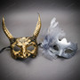 Horned Beast And Silver Floral Feather Women Men Couples Masquerade Mask - Gold Silver