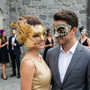 Classic Harlequin Scrolled and Glitter Mesh Feather Masquerade Couple Mask - Gold Black
