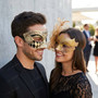 Classic Harlequin Scrolled and Glitter Mesh Feather Masquerade Couple Mask - Gold Black