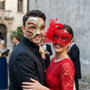 Venetian Harlequin Phantom and Red Feather Lace Couple Masquerade Masks - Red Gold