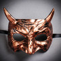 Copper Devil Horn Demon Mask & Gold Tulle Glitter Masquerade Couple Mask Set